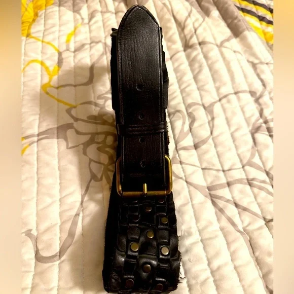 Black Leather Belt with Brass Buckle &Rivets all around